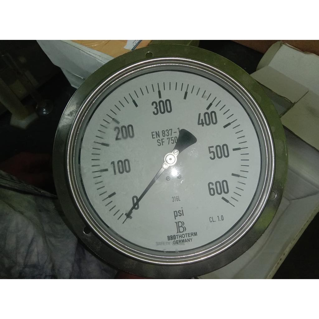 Pressure Gauge Brothoterm Germany, Ukuran SF 750B, NS 160MM.0-600 PSI, 1/2 NPT M Instrument Glass Class 1.0, Back Connection 