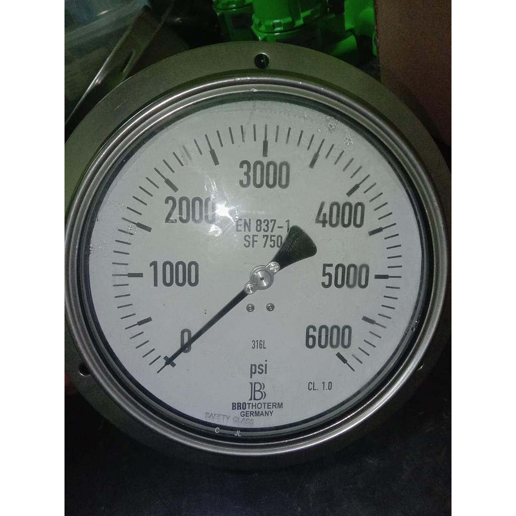 Pressure Gauge Brothoterm Germany, Ukuran SF 750B, NS 160MM.0-6000 PSI, 1/2 NPT M Instrment Class 1.0, Back Connection 