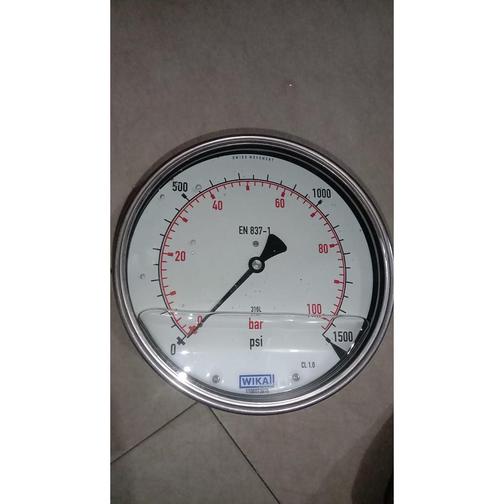 Pressure Gauge, Brand Wika, 1500 PSI, Dial 4&quot;, Back Connection, 1/2 NPT, SST Case (Rusak)