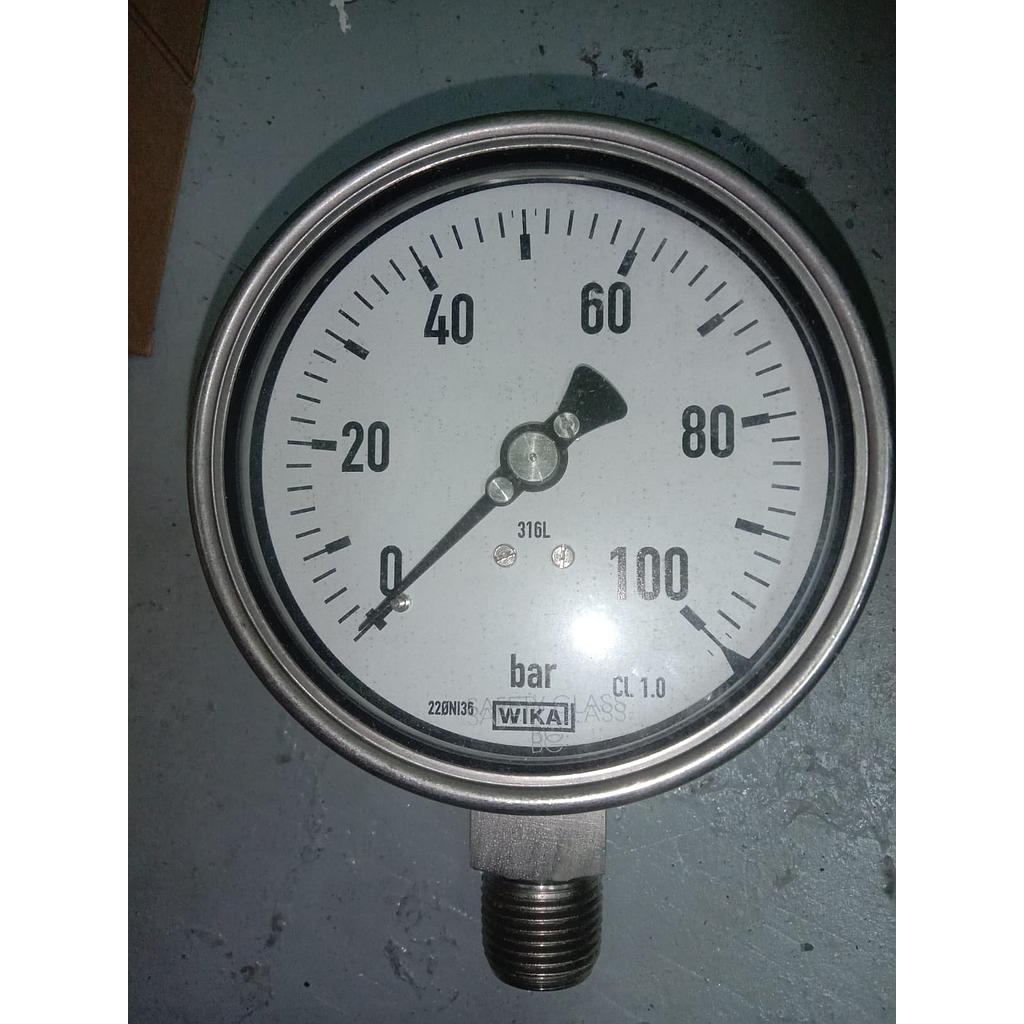Pressure Gauge 100 Bar, Dial 4&quot;, 1/2 NPT, Bottom Connection, SST Case, Brand Wika 