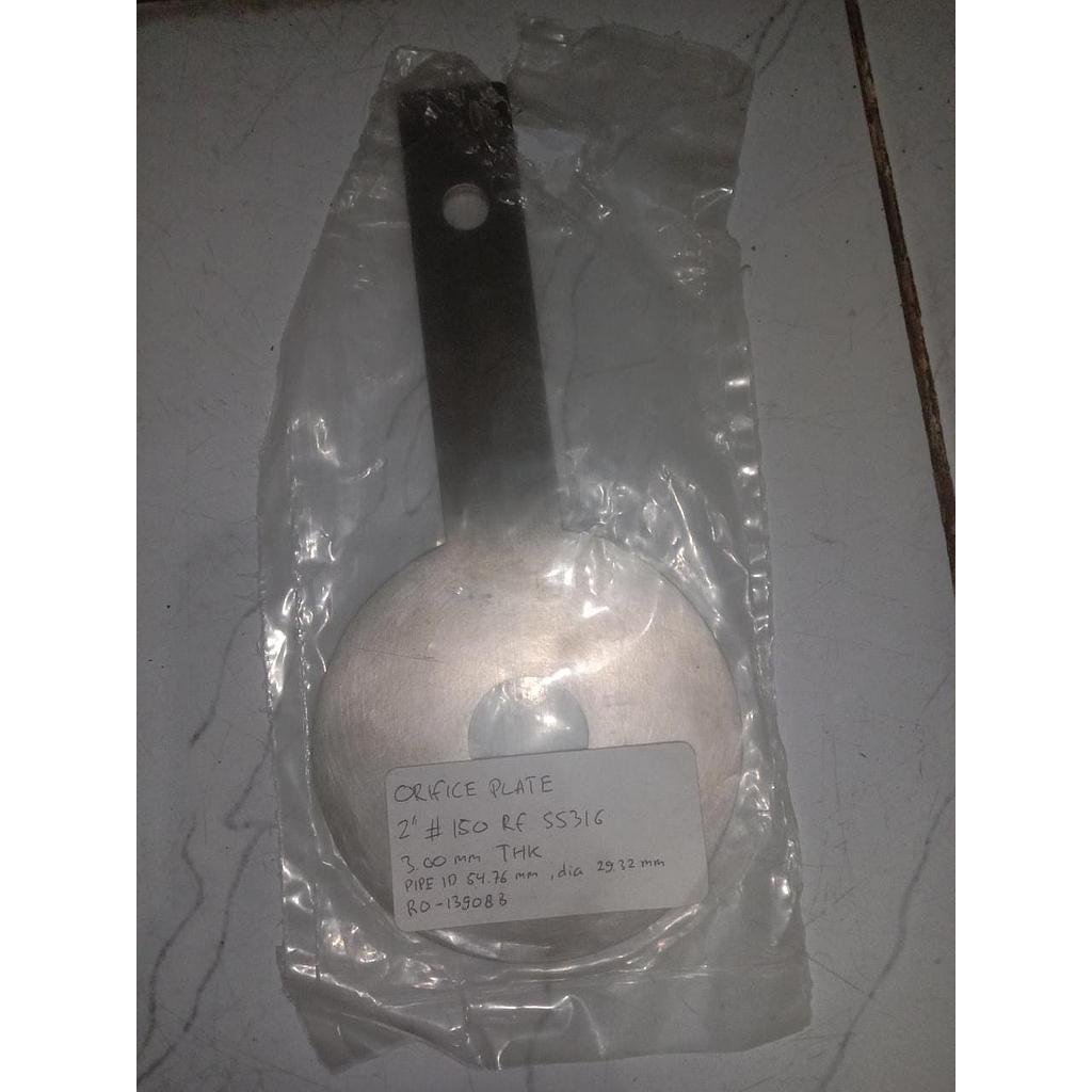 Orifice Plate 2&quot; #150 RF SS316, 300mm THK, Pipe ID 54.76mm, Diameter 29.32mm, RO-13908B